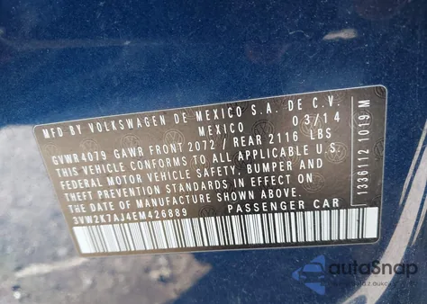 2014 Volkswagen Jetta 2.0L S from USA, damaged, VIN 3VW2K7AJ4EM426889